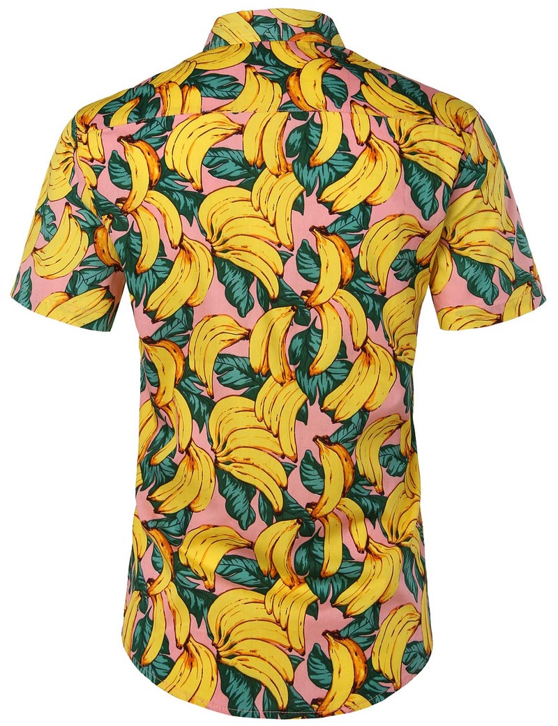 JOGAL Men's Cotton Button Down Short Sleeve Hawaiian Shirt Pink Medium - Image 2